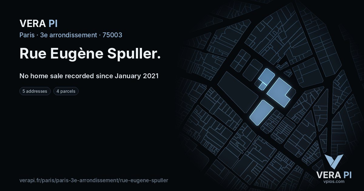 Rue Eugène Spuller, 3e arrondissement at night – every parcel coloured by the prices around it, the street's own parcels lit