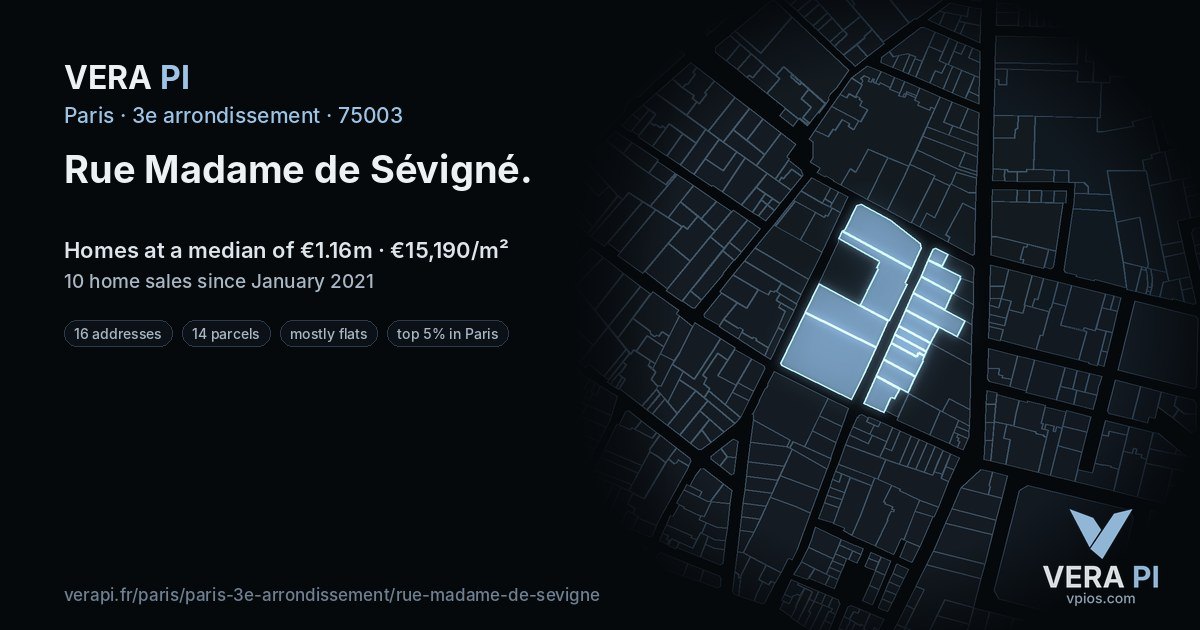 Rue Madame de Sévigné, 3e arrondissement at night – every parcel coloured by the prices around it, the street's own parcels lit