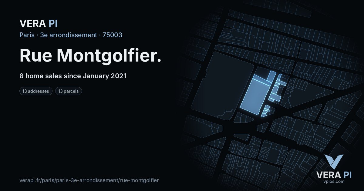 Rue Montgolfier, 3e arrondissement at night – every parcel coloured by the prices around it, the street's own parcels lit