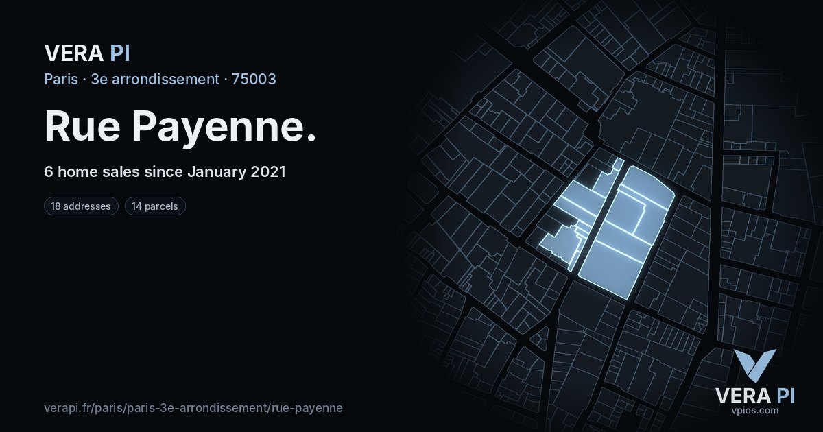 Rue Payenne, 3e arrondissement at night – every parcel coloured by the prices around it, the street's own parcels lit