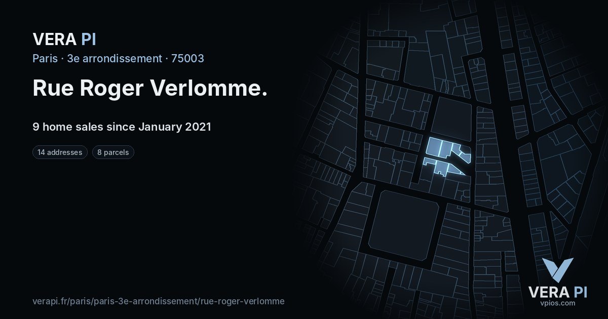 Rue Roger Verlomme, 3e arrondissement at night – every parcel coloured by the prices around it, the street's own parcels lit