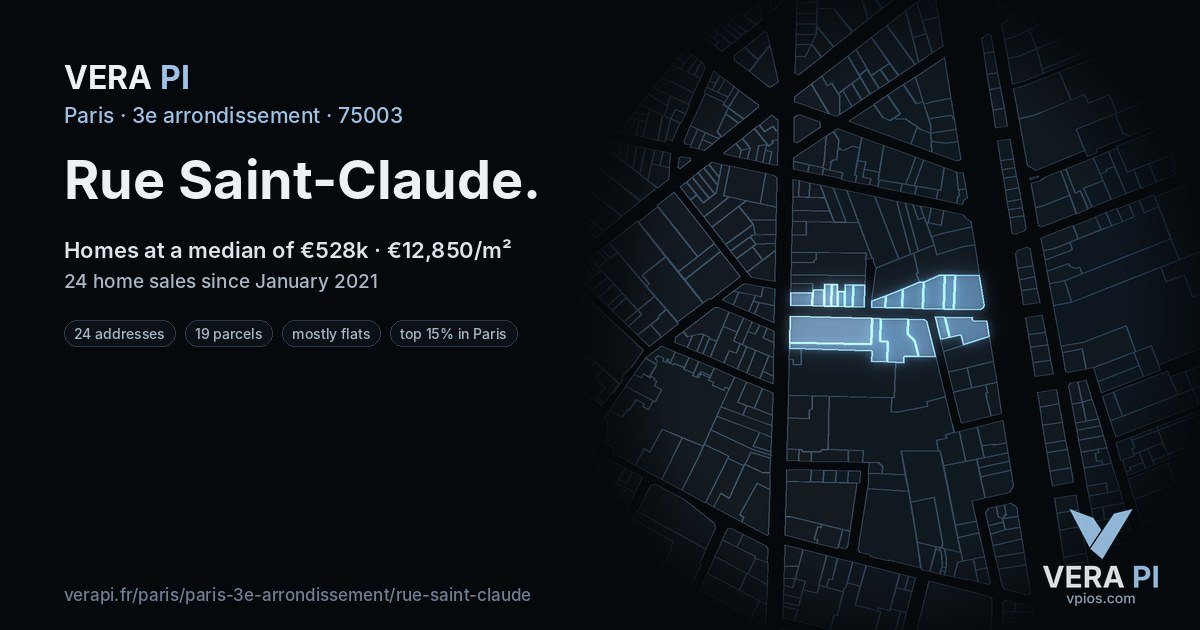 Rue Saint-Claude, 3e arrondissement at night – every parcel coloured by the prices around it, the street's own parcels lit