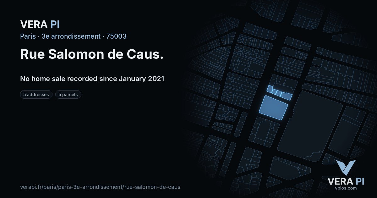 Rue Salomon de Caus, 3e arrondissement at night – every parcel coloured by the prices around it, the street's own parcels lit