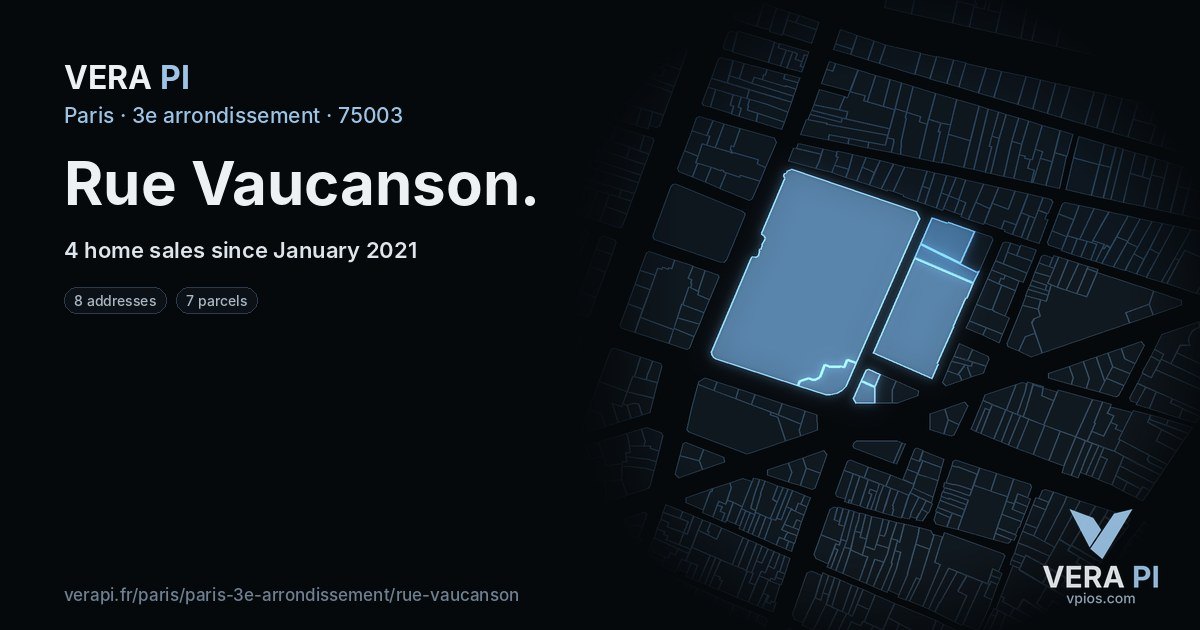 Rue Vaucanson, 3e arrondissement at night – every parcel coloured by the prices around it, the street's own parcels lit