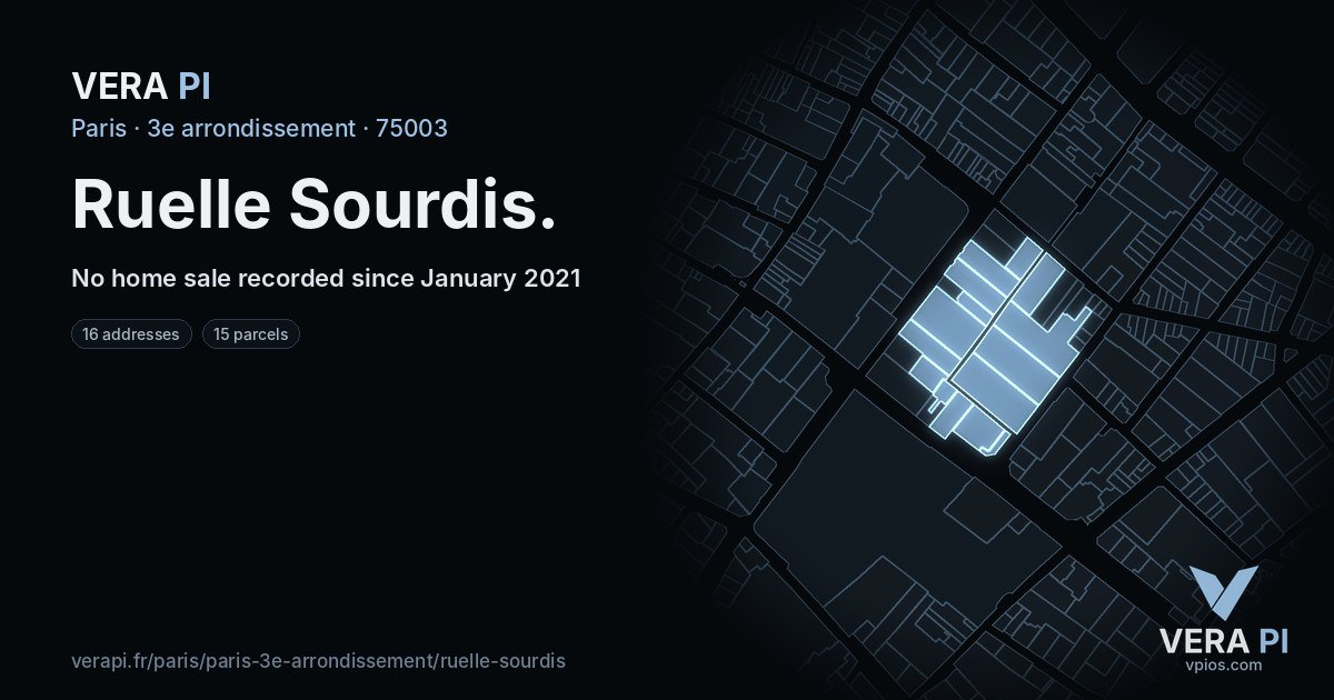 Ruelle Sourdis, 3e arrondissement at night – every parcel coloured by the prices around it, the street's own parcels lit