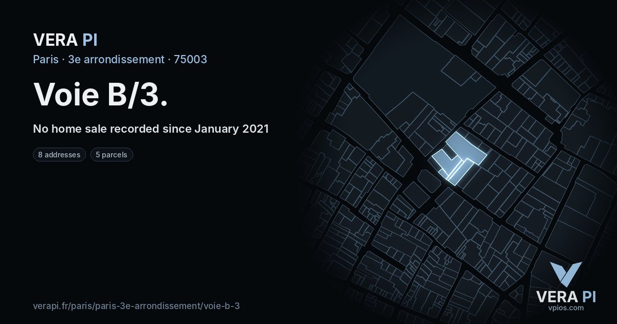 Voie B/3, 3e arrondissement at night – every parcel coloured by the prices around it, the street's own parcels lit