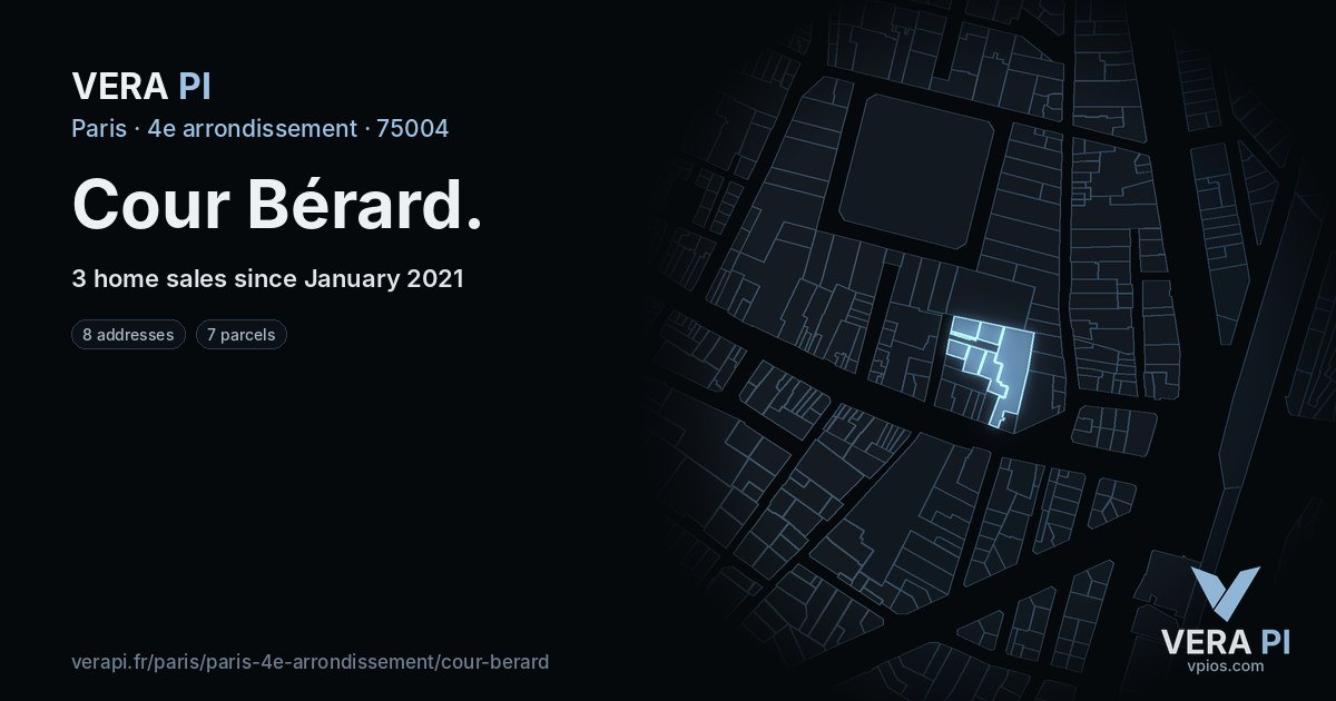 Cour Bérard, 4e arrondissement at night – every parcel coloured by the prices around it, the street's own parcels lit