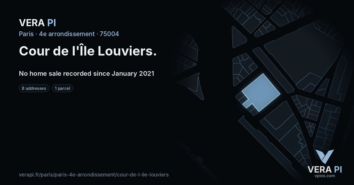 Cour de l'Île Louviers, 4e arrondissement at night – every parcel coloured by the prices around it, the street's own parcels lit