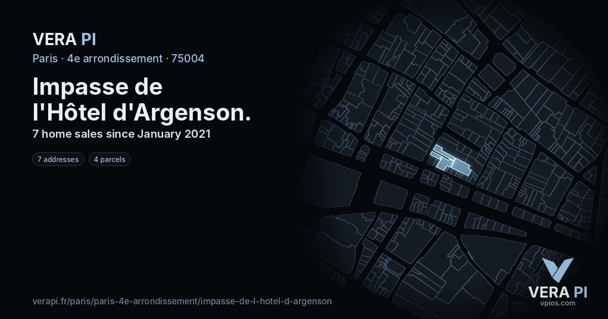 Impasse de l'Hôtel d'Argenson, 4e arrondissement at night – every parcel coloured by the prices around it, the street's own parcels lit