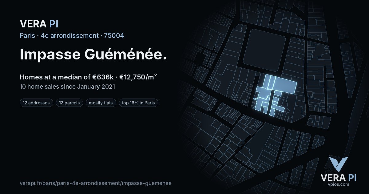 Impasse Guéménée, 4e arrondissement at night – every parcel coloured by the prices around it, the street's own parcels lit