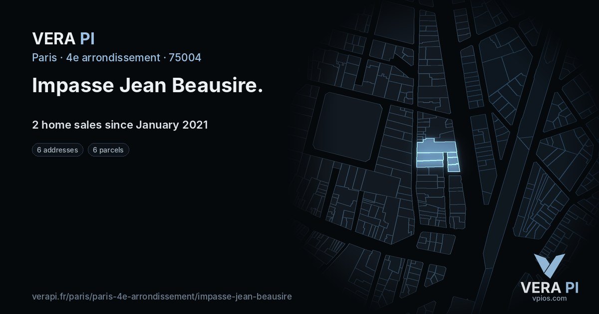 Impasse Jean Beausire, 4e arrondissement at night – every parcel coloured by the prices around it, the street's own parcels lit