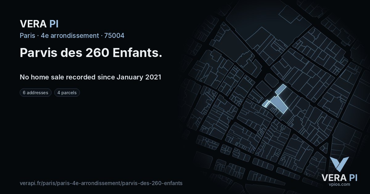 Parvis des 260 Enfants, 4e arrondissement at night – every parcel coloured by the prices around it, the street's own parcels lit