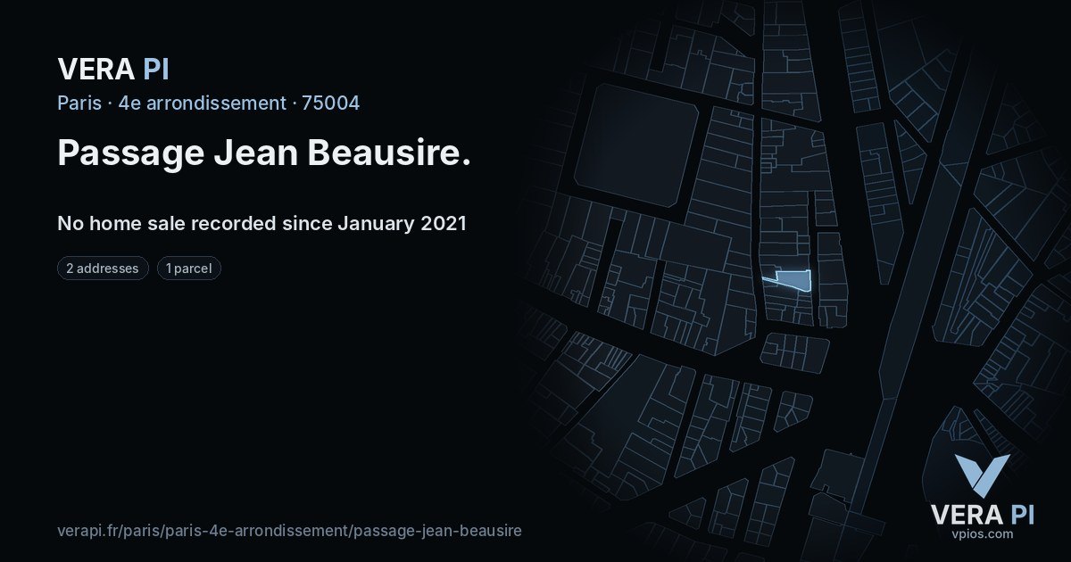 Passage Jean Beausire, 4e arrondissement at night – every parcel coloured by the prices around it, the street's own parcels lit