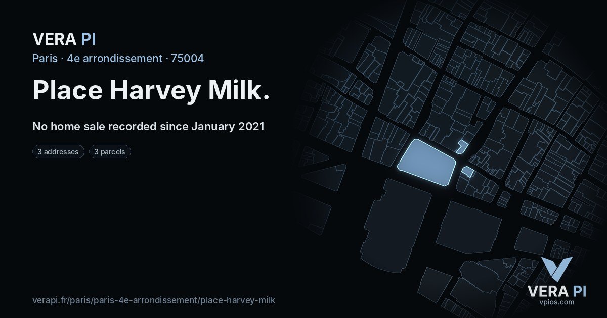 Place Harvey Milk, 4e arrondissement at night – every parcel coloured by the prices around it, the street's own parcels lit