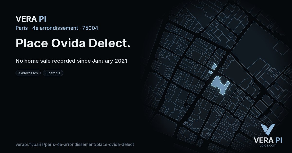 Place Ovida Delect, 4e arrondissement at night – every parcel coloured by the prices around it, the street's own parcels lit