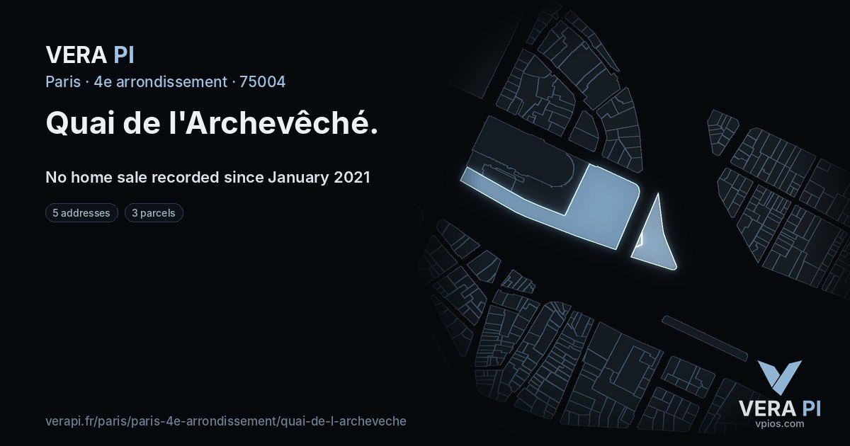 Quai de l'Archevêché, 4e arrondissement at night – every parcel coloured by the prices around it, the street's own parcels lit