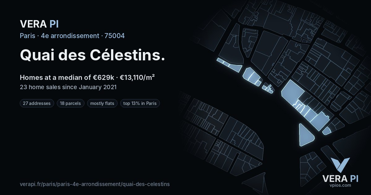 Quai des Célestins, 4e arrondissement at night – every parcel coloured by the prices around it, the street's own parcels lit