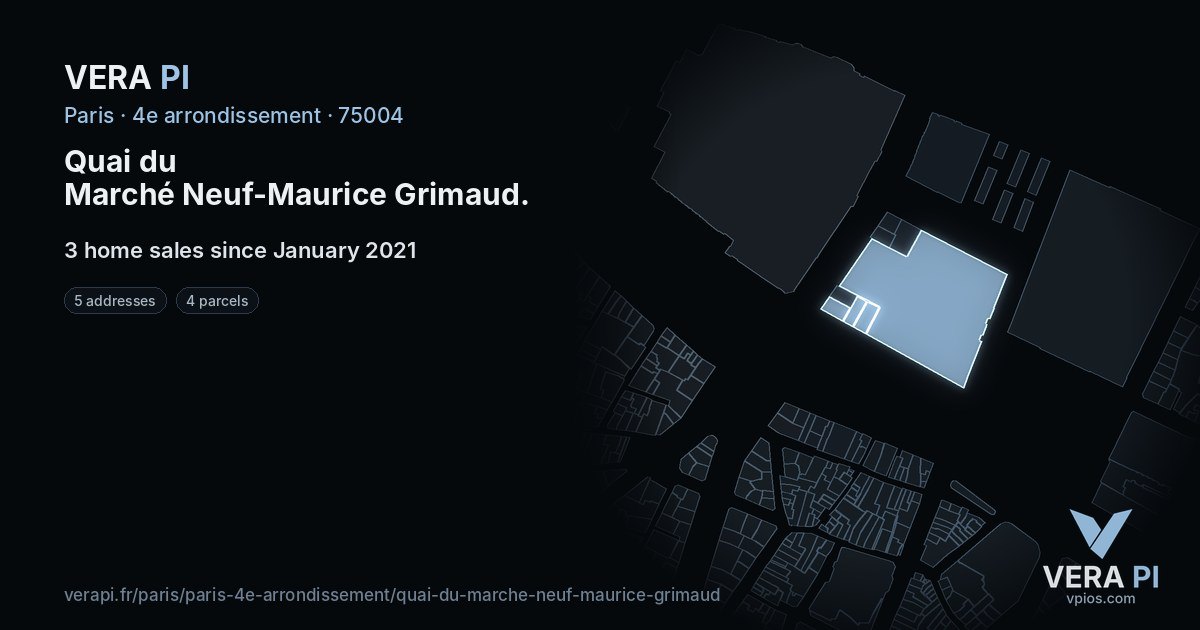 Quai du Marché Neuf-Maurice Grimaud, 4e arrondissement at night – every parcel coloured by the prices around it, the street's own parcels lit