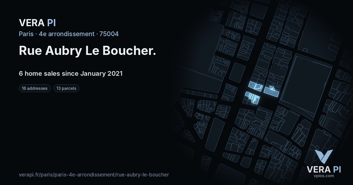 Rue Aubry Le Boucher, 4e arrondissement at night – every parcel coloured by the prices around it, the street's own parcels lit