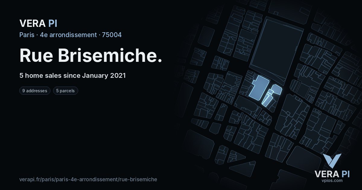 Rue Brisemiche, 4e arrondissement at night – every parcel coloured by the prices around it, the street's own parcels lit