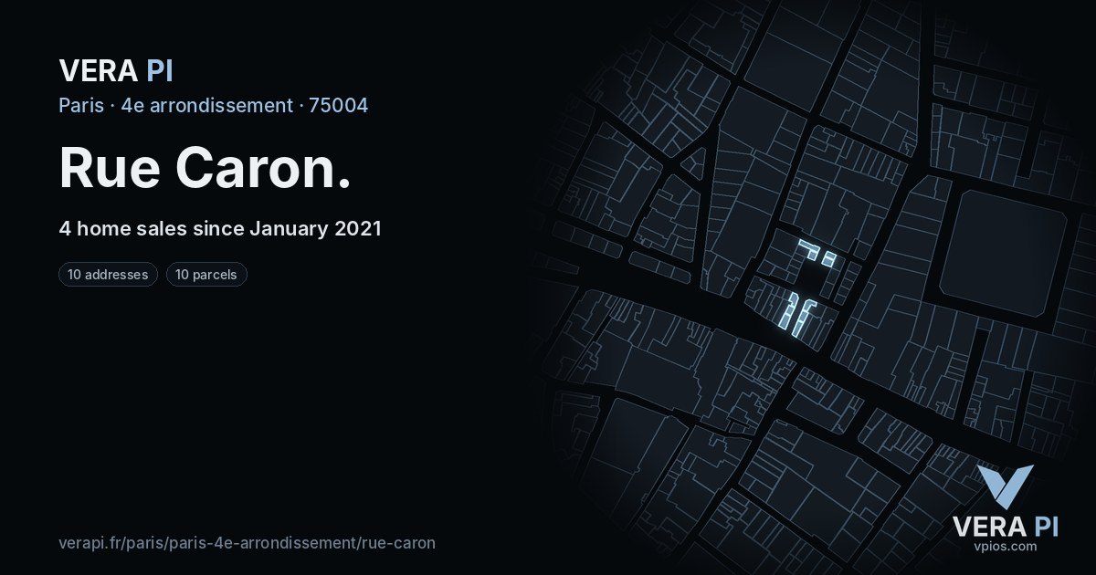 Rue Caron, 4e arrondissement at night – every parcel coloured by the prices around it, the street's own parcels lit