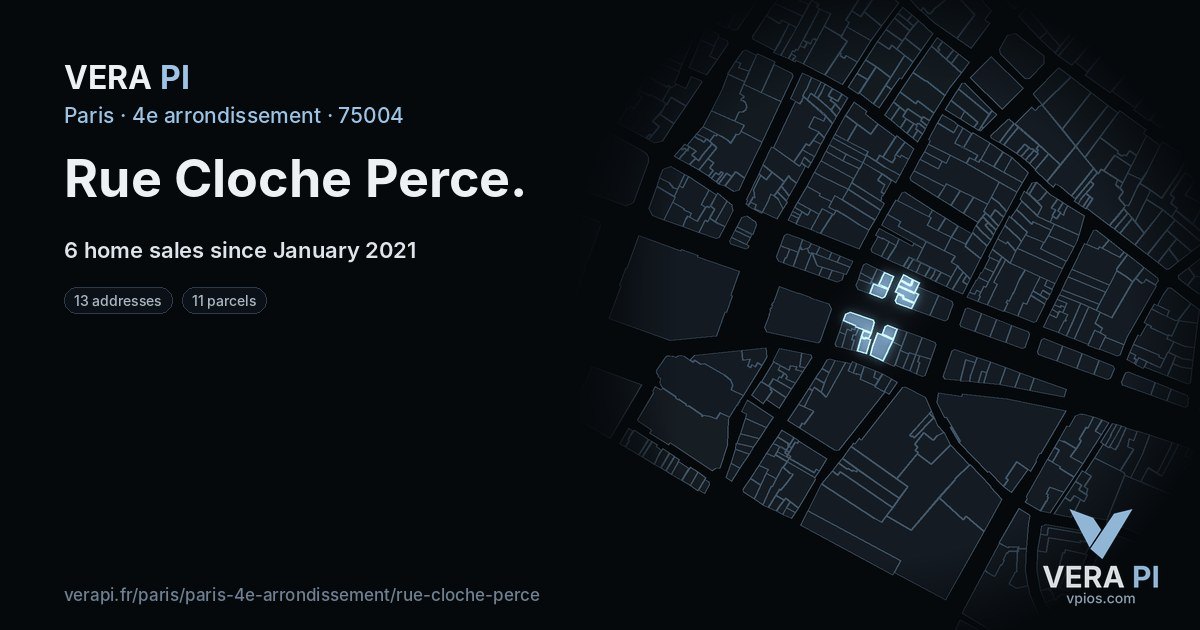 Rue Cloche Perce, 4e arrondissement at night – every parcel coloured by the prices around it, the street's own parcels lit