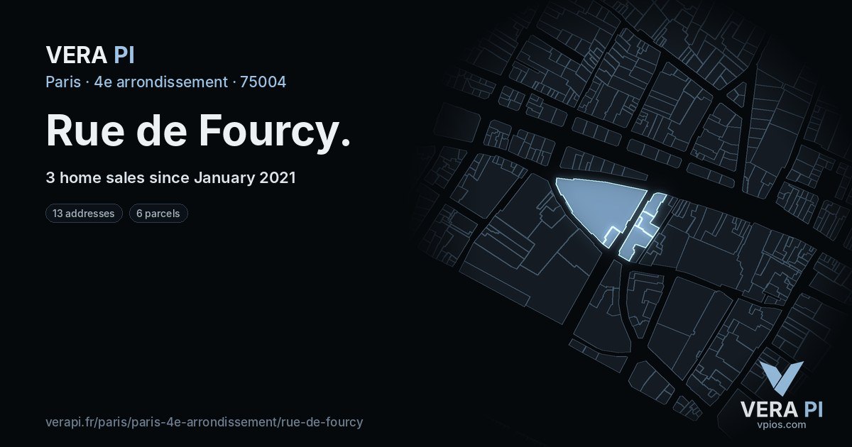 Rue de Fourcy, 4e arrondissement at night – every parcel coloured by the prices around it, the street's own parcels lit