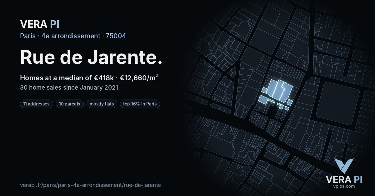 Rue de Jarente, 4e arrondissement at night – every parcel coloured by the prices around it, the street's own parcels lit