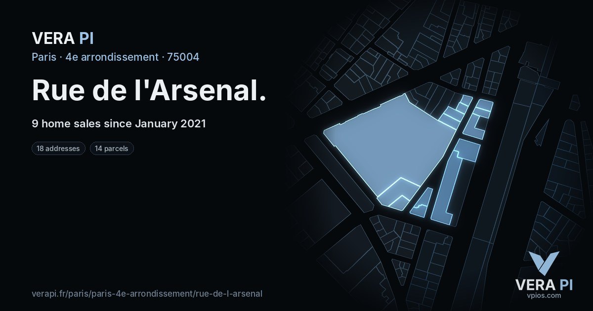 Rue de l'Arsenal, 4e arrondissement at night – every parcel coloured by the prices around it, the street's own parcels lit