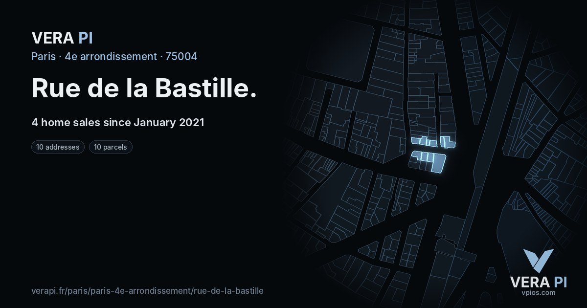 Rue de la Bastille, 4e arrondissement at night – every parcel coloured by the prices around it, the street's own parcels lit