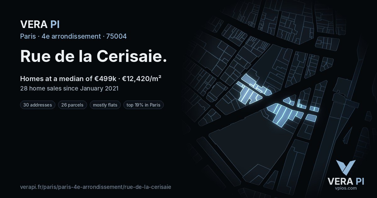 Rue de la Cerisaie, 4e arrondissement at night – every parcel coloured by the prices around it, the street's own parcels lit