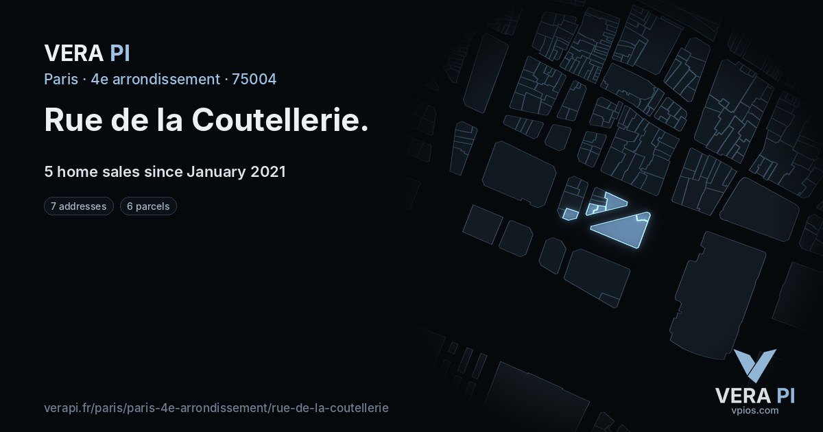 Rue de la Coutellerie, 4e arrondissement at night – every parcel coloured by the prices around it, the street's own parcels lit