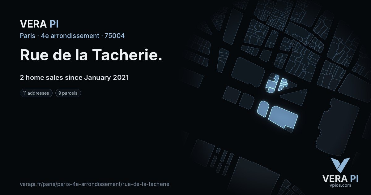 Rue de la Tacherie, 4e arrondissement at night – every parcel coloured by the prices around it, the street's own parcels lit