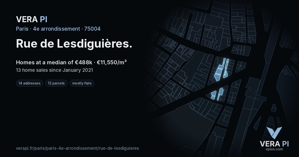 Rue de Lesdiguières, 4e arrondissement at night – every parcel coloured by the prices around it, the street's own parcels lit