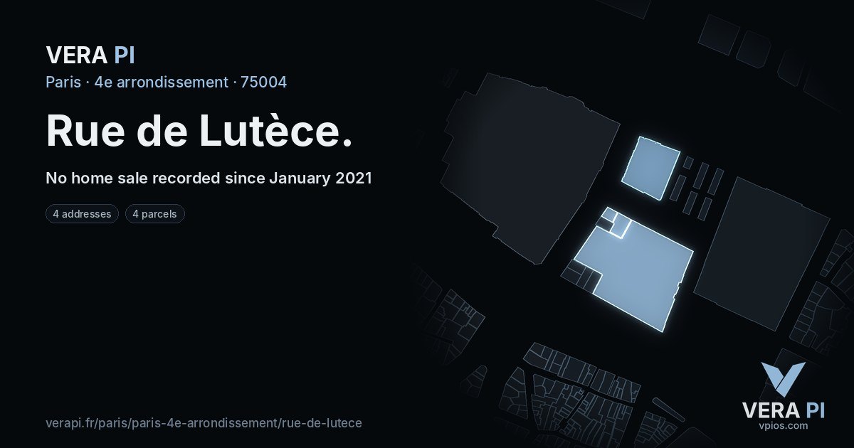 Rue de Lutèce, 4e arrondissement at night – every parcel coloured by the prices around it, the street's own parcels lit