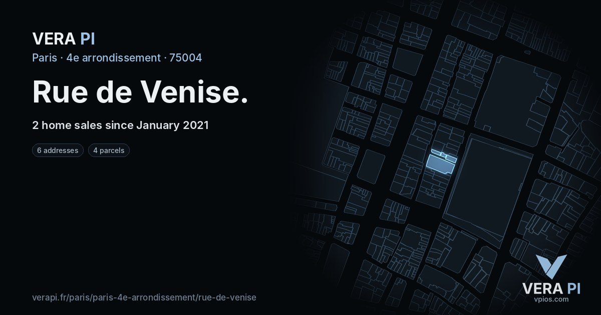 Rue de Venise, 4e arrondissement at night – every parcel coloured by the prices around it, the street's own parcels lit