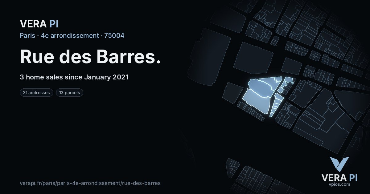 Rue des Barres, 4e arrondissement at night – every parcel coloured by the prices around it, the street's own parcels lit