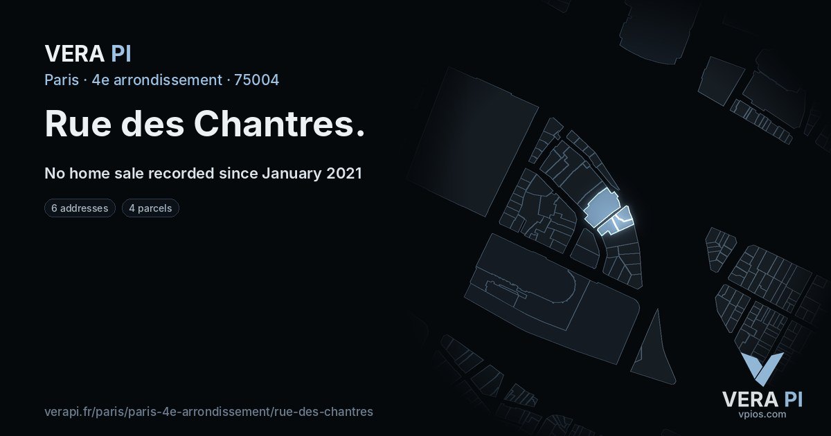Rue des Chantres, 4e arrondissement at night – every parcel coloured by the prices around it, the street's own parcels lit
