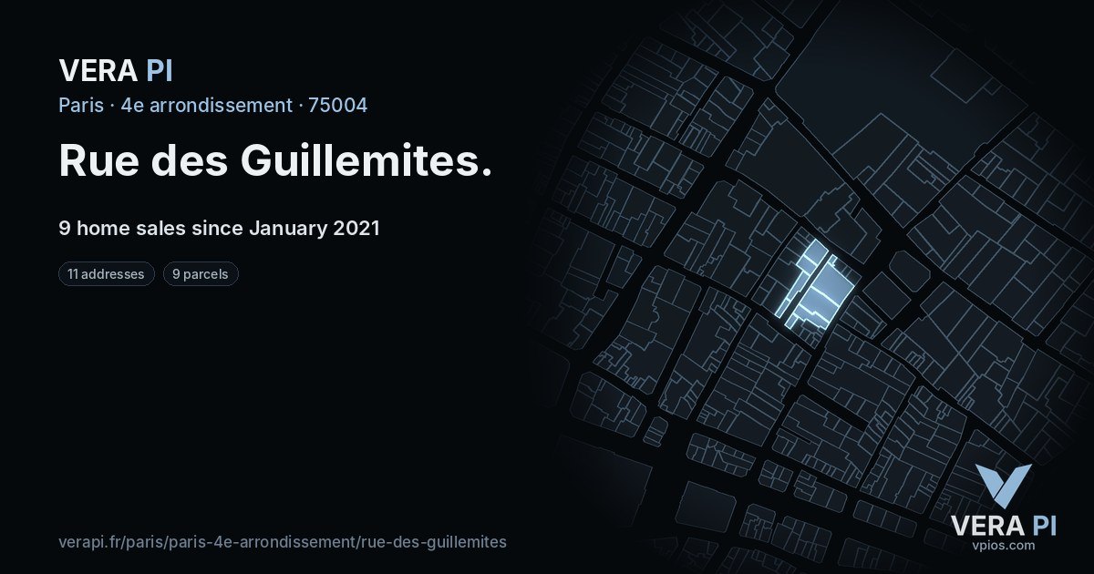 Rue des Guillemites, 4e arrondissement at night – every parcel coloured by the prices around it, the street's own parcels lit