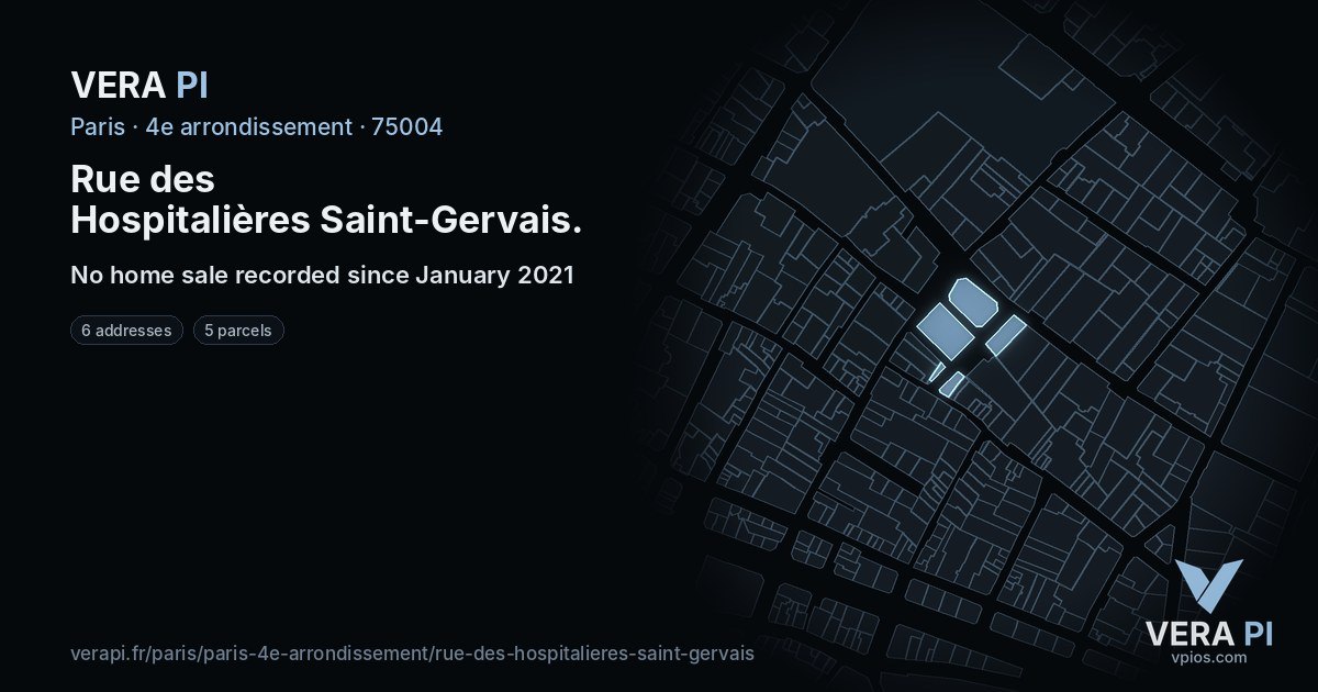 Rue des Hospitalières Saint-Gervais, 4e arrondissement at night – every parcel coloured by the prices around it, the street's own parcels lit
