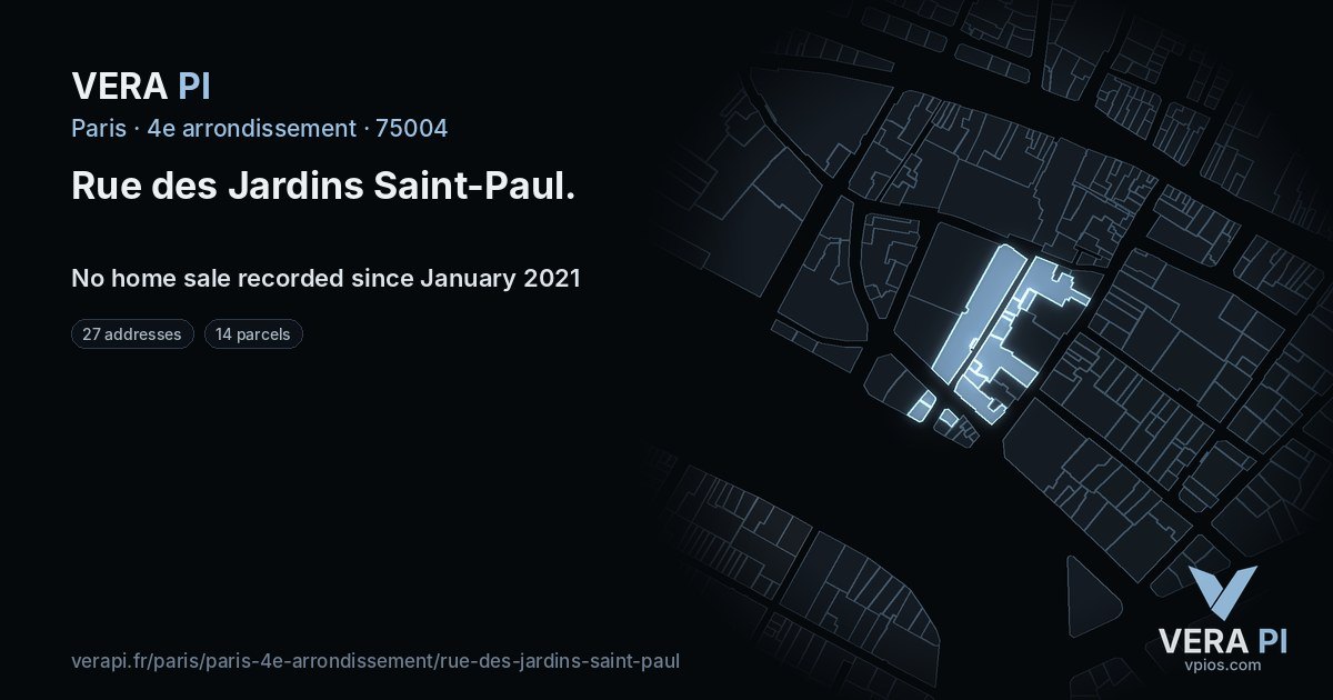 Rue des Jardins Saint-Paul, 4e arrondissement at night – every parcel coloured by the prices around it, the street's own parcels lit