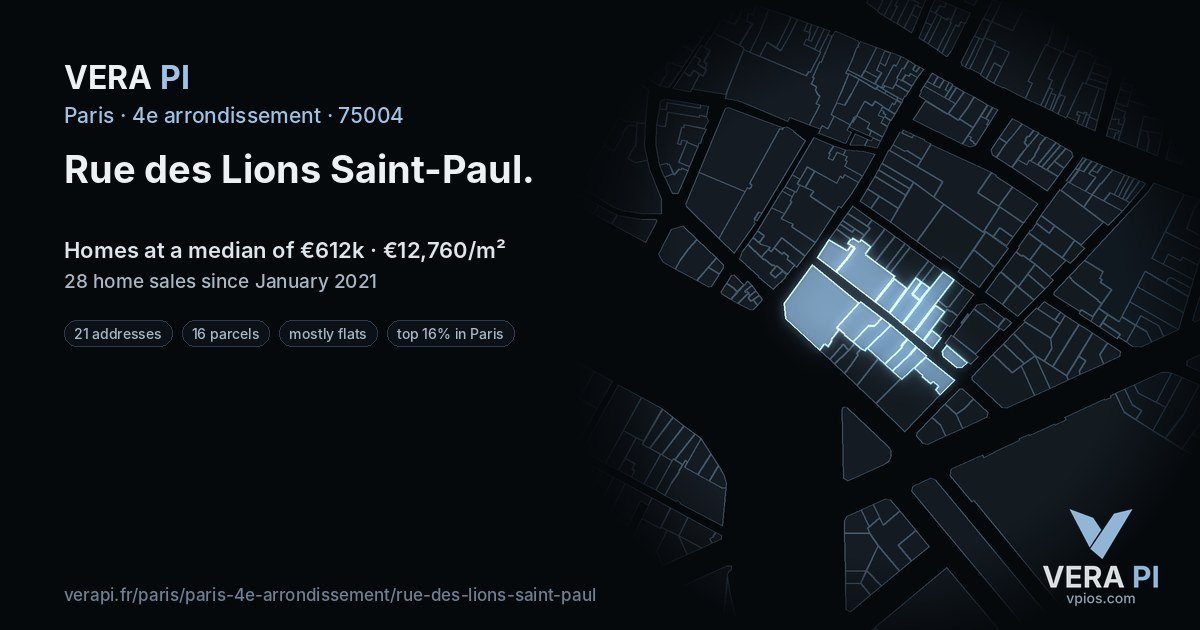 Rue des Lions Saint-Paul, 4e arrondissement at night – every parcel coloured by the prices around it, the street's own parcels lit