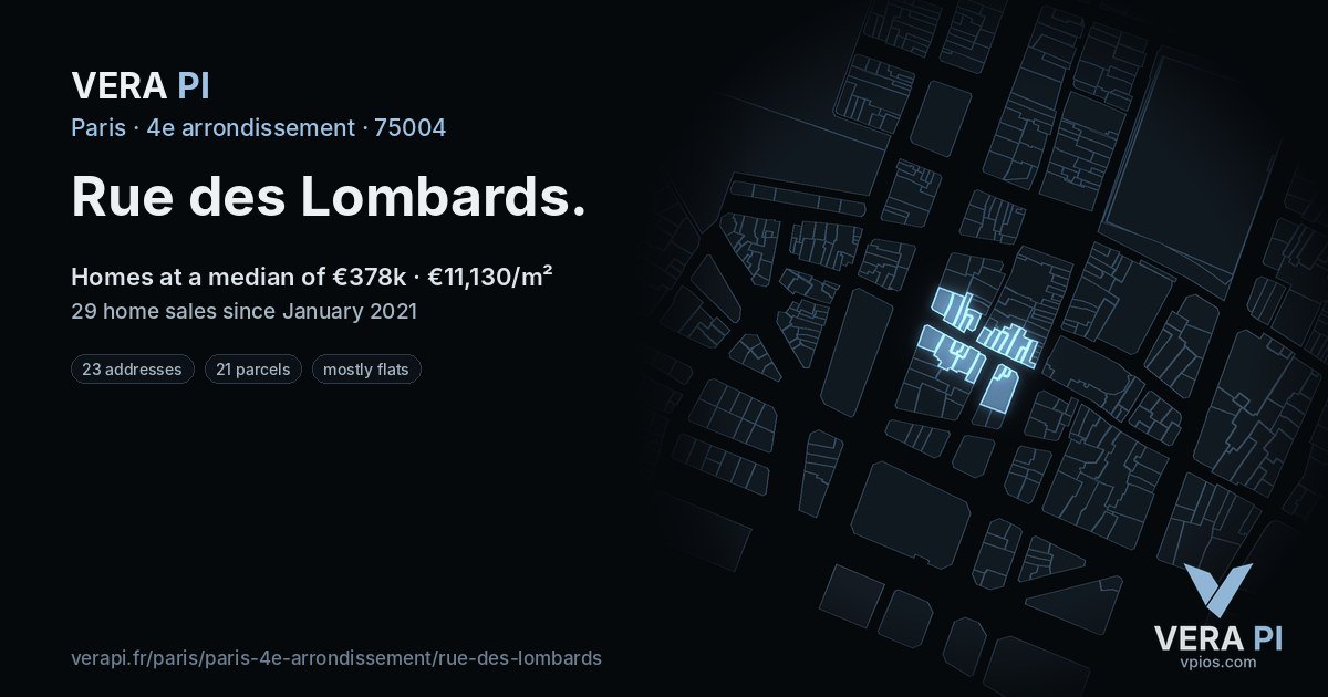 Rue des Lombards, 4e arrondissement at night – every parcel coloured by the prices around it, the street's own parcels lit