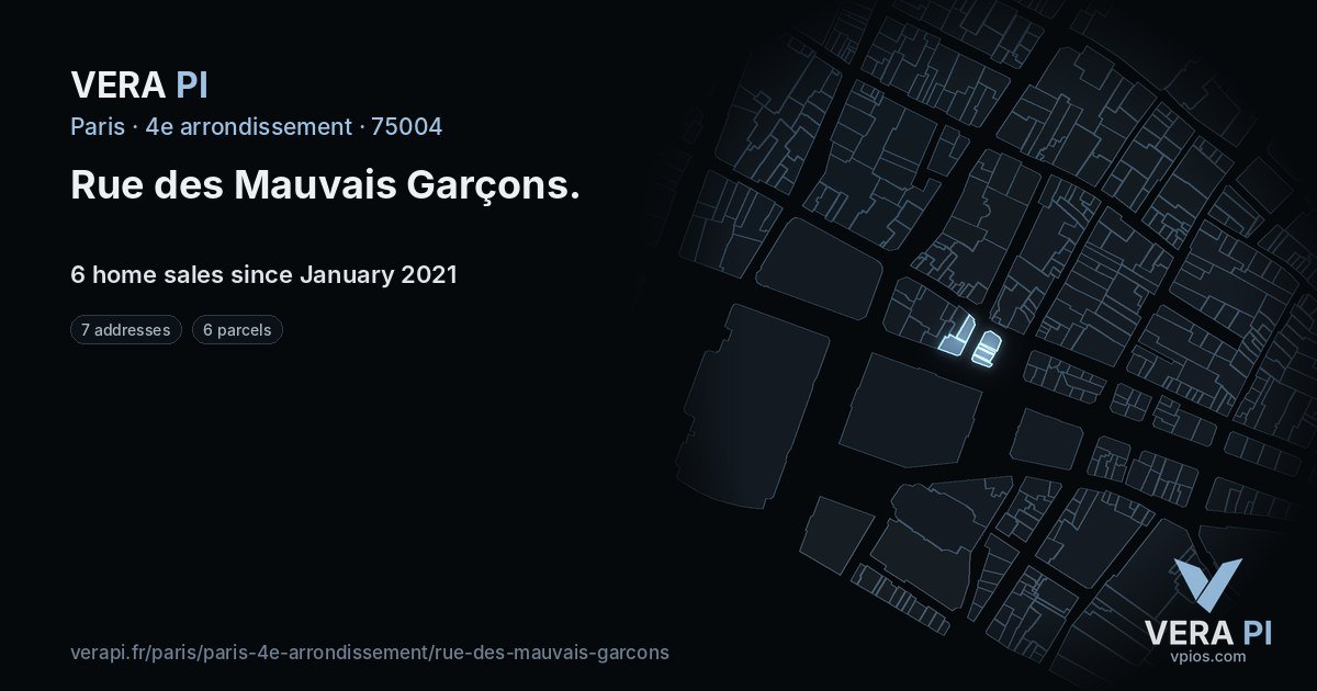 Rue des Mauvais Garçons, 4e arrondissement at night – every parcel coloured by the prices around it, the street's own parcels lit