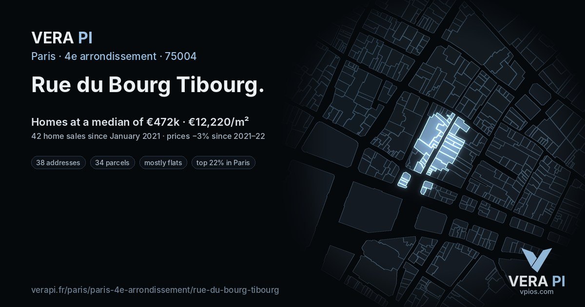 Rue du Bourg Tibourg, 4e arrondissement at night – every parcel coloured by the prices around it, the street's own parcels lit