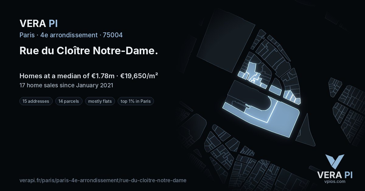 Rue du Cloître Notre-Dame, 4e arrondissement at night – every parcel coloured by the prices around it, the street's own parcels lit