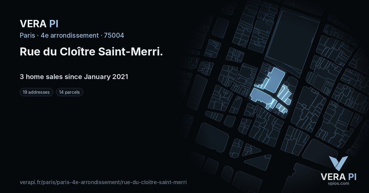 Rue du Cloître Saint-Merri, 4e arrondissement at night – every parcel coloured by the prices around it, the street's own parcels lit
