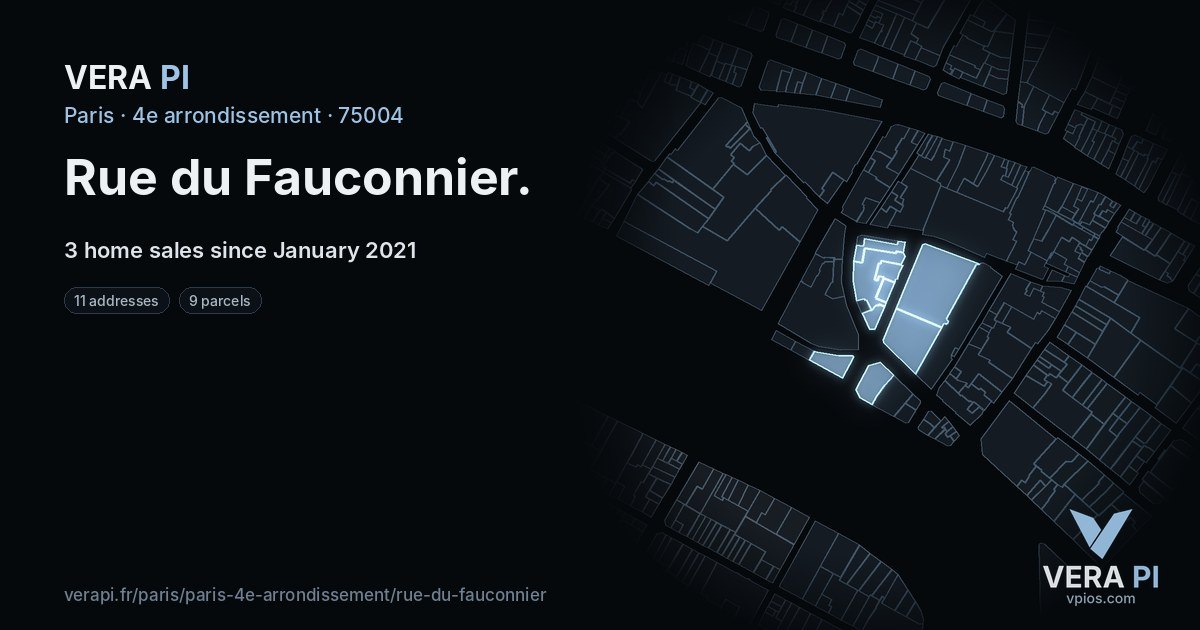 Rue du Fauconnier, 4e arrondissement at night – every parcel coloured by the prices around it, the street's own parcels lit