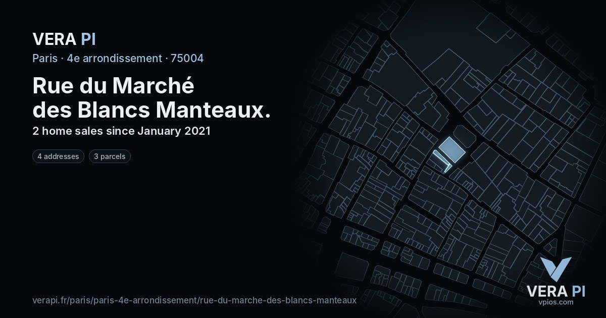 Rue du Marché des Blancs Manteaux, 4e arrondissement at night – every parcel coloured by the prices around it, the street's own parcels lit