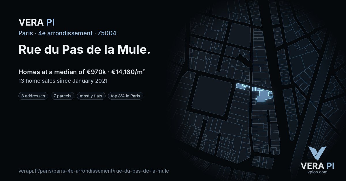Rue du Pas de la Mule, 4e arrondissement at night – every parcel coloured by the prices around it, the street's own parcels lit